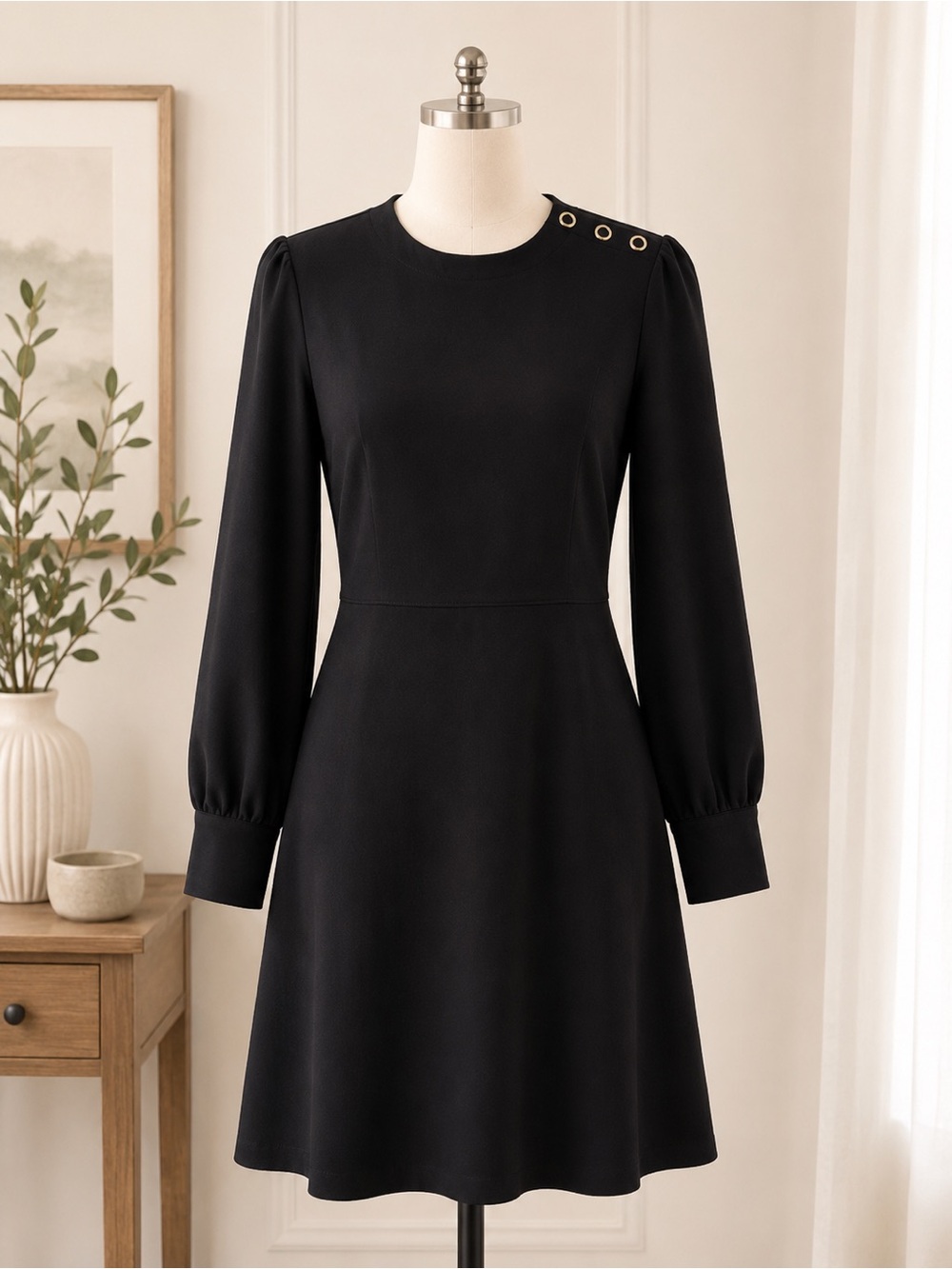 Ann Taylor Black Long-Sleeve A-Line Dress with Shoulder Grommet Detail